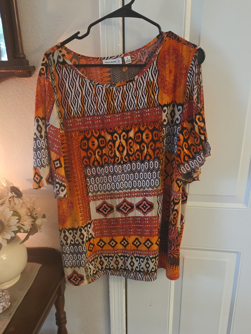 Susan Graver Orange Multi-Pattern Short Sleeve Tunic
